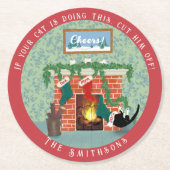 Whimsical Kerstmis Kat en Kousen Scène Ronde Ronde Kartonnen Onderzetter (Voorkant)