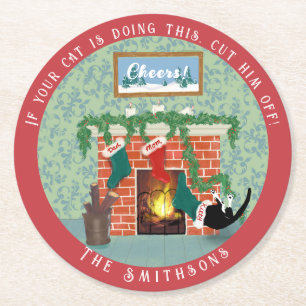 Whimsical Kerstmis Kat en Kousen Scène Ronde Ronde Kartonnen Onderzetter