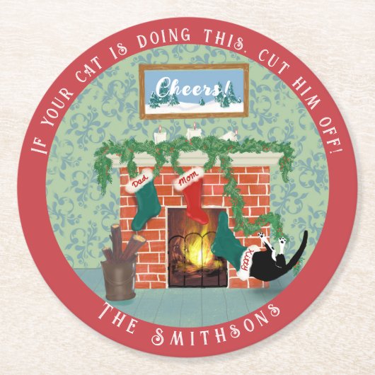 Whimsical Kerstmis Kat en Kousen Scène Ronde Ronde Kartonnen Onderzetter (Voorkant)