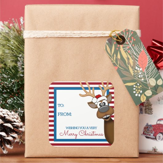 Whimsical-kerstrenrendierschenker-Label-sticker Vierkante Sticker (Feestdagen)