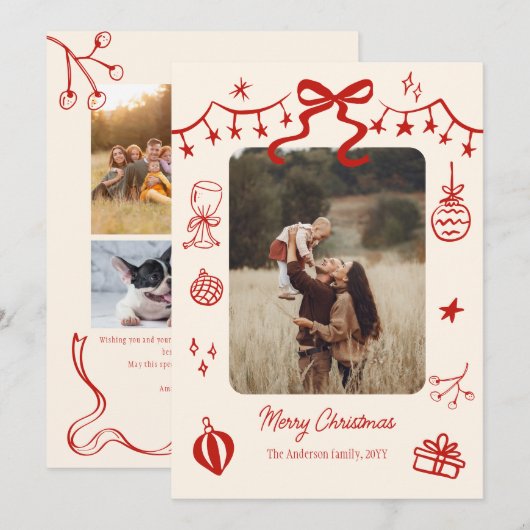 whimsical kerstscript doodles 5 foto's feestdagenkaart (Voorkant / Achterkant)