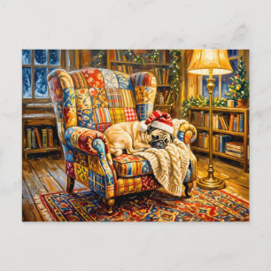 Whimsical Kerststoel Slaande Mops Illustratie Briefkaart