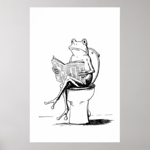 Whimsical Kikker Muurkunst, Zwart en Wit (Badkamer Poster