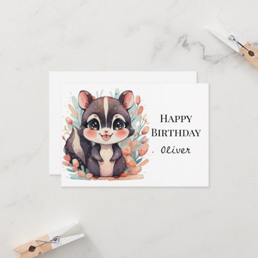 Whimsical kinder stinkdier verjaardag kaart (Voorkant / Achterkant in situ)