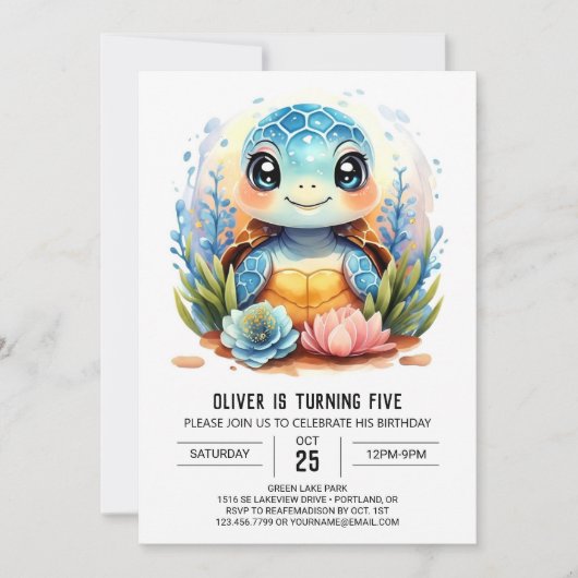Whimsical Kinderen Waterverf Turtle Boy Birthda Kaart (Voorkant)