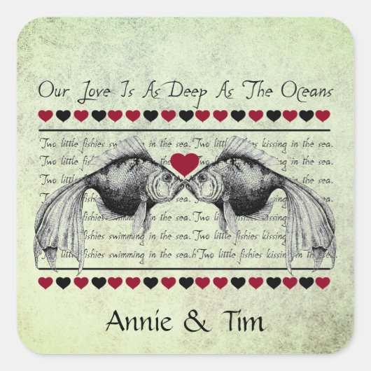 Whimsical Kissing Fish Valentijn Aangepaste namen Vierkante Sticker (Voorkant)