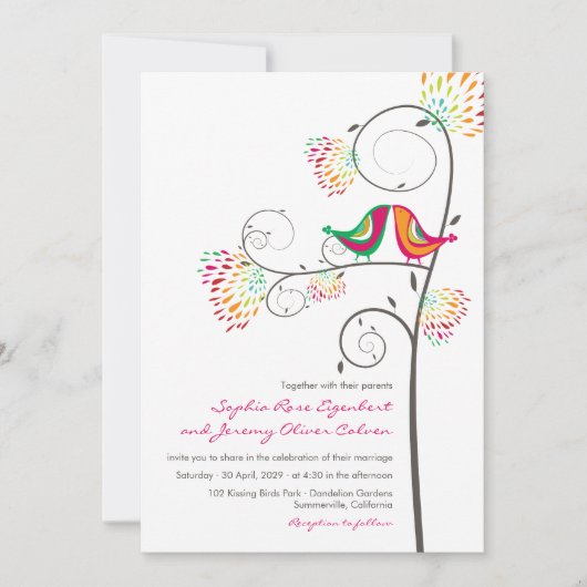 Whimsical Kissing Zomer Tortelduifjes Bruiloft Uit Kaart (Voorkant)