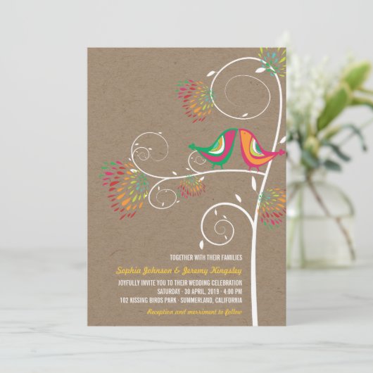 Whimsical Kissing Zomer Tortelduifjes Bruiloft Uit Kaart (Staand voorkant)