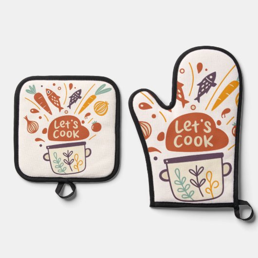 Whimsical Kitchen Scene met "Let's Cook" -tekst - Ovenwant & Pannenlap Set (Voorkant)