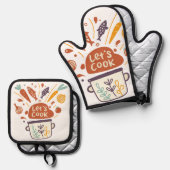 Whimsical Kitchen Scene met "Let's Cook" -tekst - Ovenwant & Pannenlap Set (Voorkant / Achterkant)