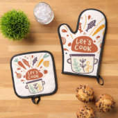 Whimsical Kitchen Scene met "Let's Cook" -tekst - Ovenwant & Pannenlap Set (Top down)