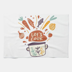 Whimsical Kitchen Scene met "Let's Cook" -tekst - Theedoek