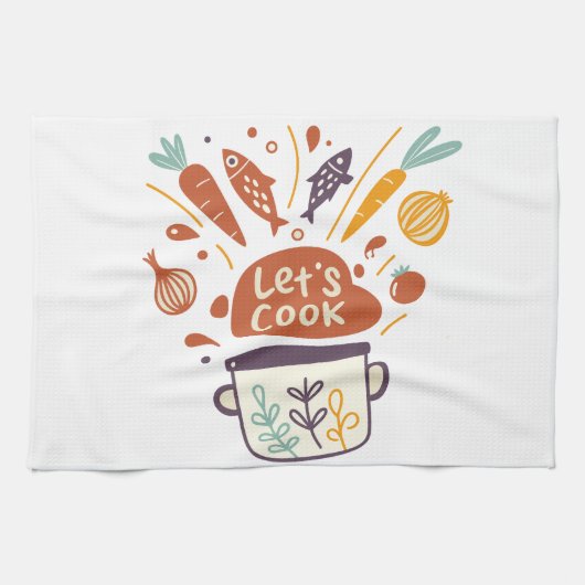 Whimsical Kitchen Scene met "Let's Cook" -tekst - Theedoek (Horizontaal)