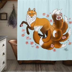 Whimsical Kitsune Vos Blauwe Kersenbloesem Fantasi Douchegordijn
