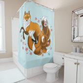 Whimsical Kitsune Vos Blauwe Kersenbloesem Fantasi Douchegordijn (In situ)
