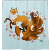 Whimsical Kitsune Vos Blauwe Kersenbloesem Fantasi Douchegordijn (Voorkant)