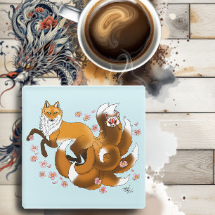 Whimsical Kitsune Vos Blauwe Kersenbloesem Fantasi Glazen Onderzetter