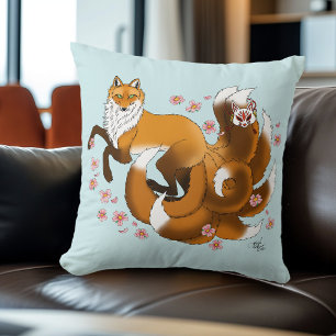 Whimsical Kitsune Vos Blauwe Kersenbloesem Fantasi Kussen