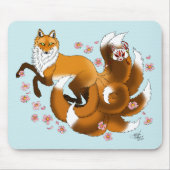Whimsical Kitsune Vos Blauwe Kersenbloesem Fantasi Muismat (Voorkant)