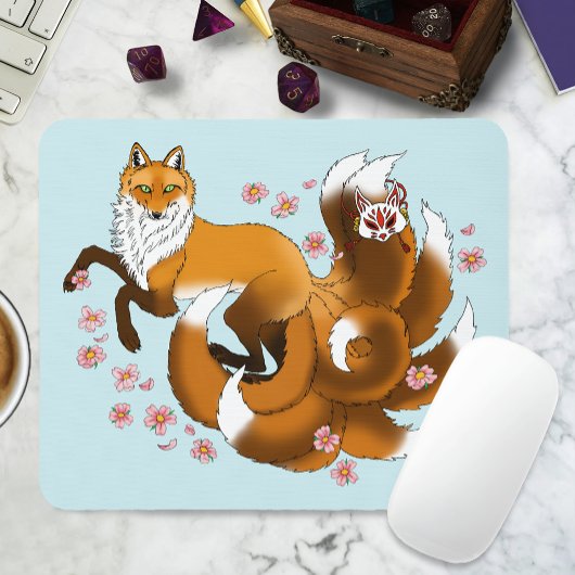Whimsical Kitsune Vos Blauwe Kersenbloesem Fantasi Muismat
