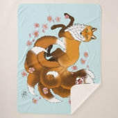 Whimsical Kitsune Vos Blauwe Kersenbloesem Fantasi Sherpa Deken (Voorkant)