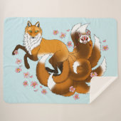 Whimsical Kitsune Vos Blauwe Kersenbloesem Fantasi Sherpa Deken (Voorkant (horizontaal))