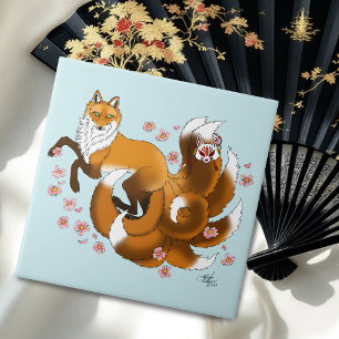 Whimsical Kitsune Vos Blauwe Kersenbloesem Fantasi Tegeltje