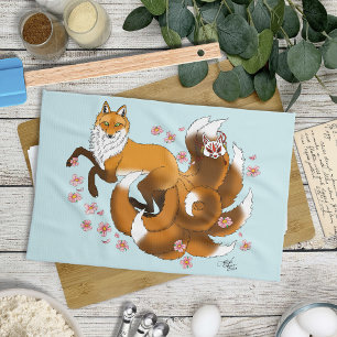 Whimsical Kitsune Vos Blauwe Kersenbloesem Fantasi Theedoek