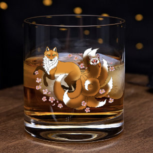Whimsical Kitsune Vos Blauwe Kersenbloesem Fantasi Whisky Glas