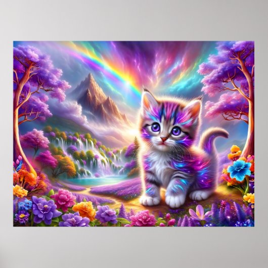 Whimsical Kitten in een surrealistisch fantasy lan Poster (Voorkant)