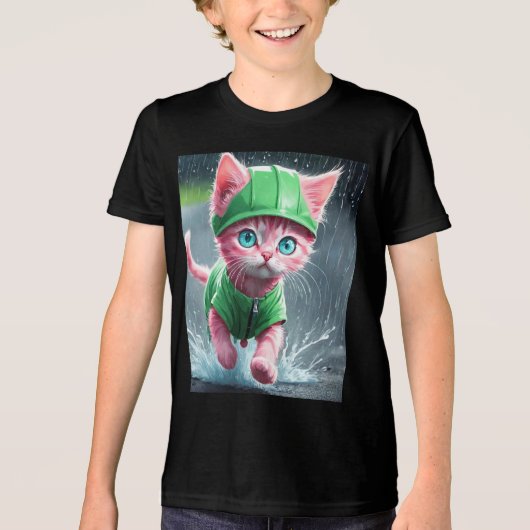 Whimsical Kitten Rain Run Premium Unisex Jeugd T-s Tri-Blend Shirt (Voorkant)