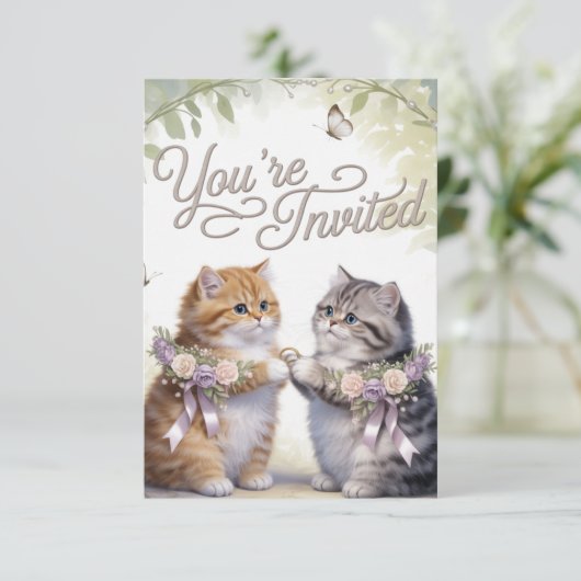 Whimsical Kitten Wedding Invitation  (Staand voorkant)