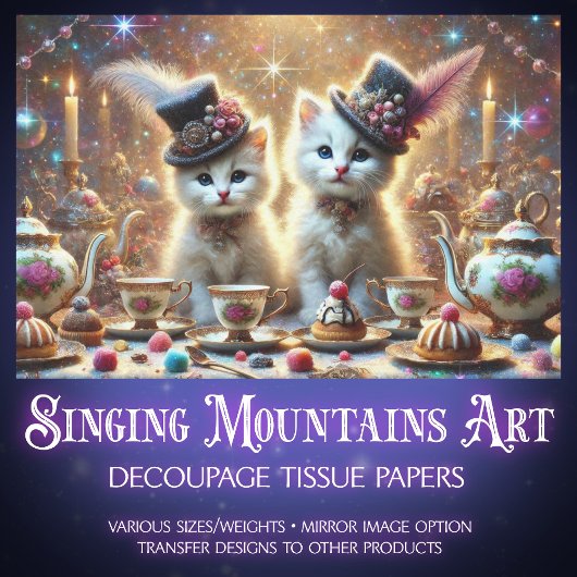 Whimsical Kittens Fantasy Tea Party Decoupage Tissuepapier