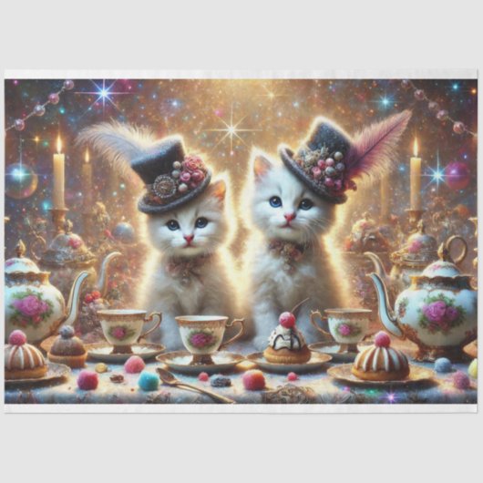 Whimsical Kittens Fantasy Tea Party Decoupage Tissuepapier (Voorkant)