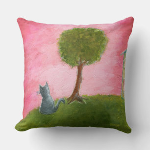 Whimsical Kitty Cat Folk Art Schilderend Roze Sky Kussen