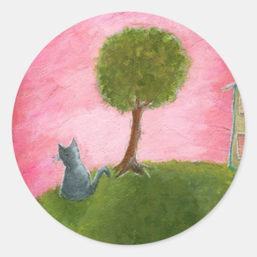 Whimsical Kitty Cat Folk Art Schilderend Roze Sky Ronde Sticker (Voorkant)
