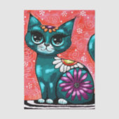 Whimsical Kitty Cat op vloerkleed Bloemen Blauwgro Tissuepapier (Voorkant)