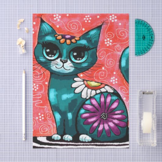 Whimsical Kitty Cat op vloerkleed Bloemen Blauwgro Tissuepapier (Craft)