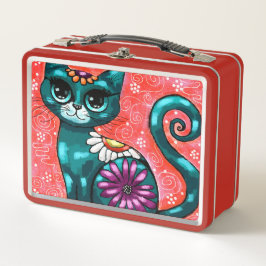 Whimsical Kitty Cat Zittend op vloerkleed Bloemen 