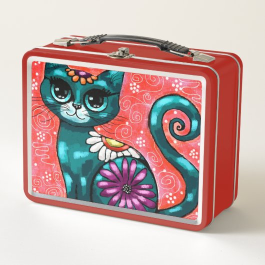 Whimsical Kitty Cat Zittend op vloerkleed Bloemen  (Voorkant)