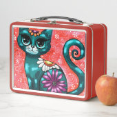 Whimsical Kitty Cat Zittend op vloerkleed Bloemen  (In situ)