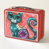 Whimsical Kitty Cat Zittend op vloerkleed Bloemen  (Achterkant)