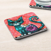 Whimsical Kitty Cat Zittend op vloerkleed Bloemen Bier Onderzetter (Linkerzijde)