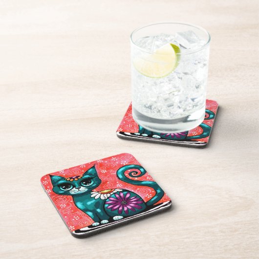 Whimsical Kitty Cat Zittend op vloerkleed Bloemen Bier Onderzetter (Rechterzijde)