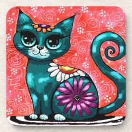 Whimsical Kitty Cat Zittend op vloerkleed Bloemen  Bier Onderzetter