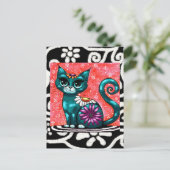 Whimsical Kitty Cat Zittend op vloerkleed Bloemen  Briefkaart (Staand voorkant)