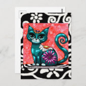 Whimsical Kitty Cat Zittend op vloerkleed Bloemen  Briefkaart (Voorkant / Achterkant)