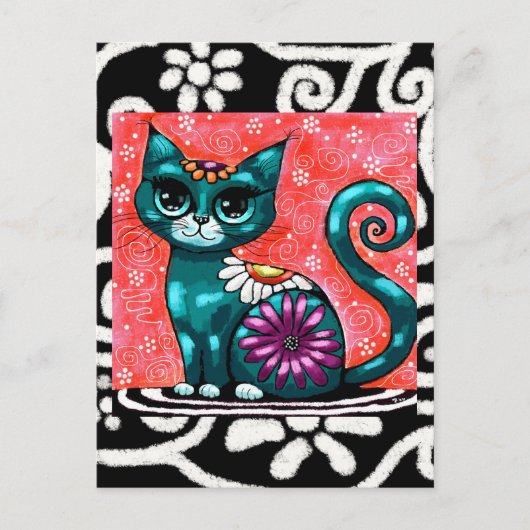 Whimsical Kitty Cat Zittend op vloerkleed Bloemen  Briefkaart (Voorkant)