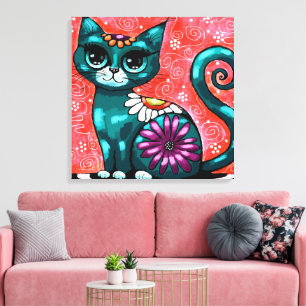 Whimsical Kitty Cat Zittend op vloerkleed Bloemen  Canvas Afdruk