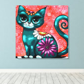 Whimsical Kitty Cat Zittend op vloerkleed Bloemen  Canvas Afdruk (Insitu (Houten vloer))